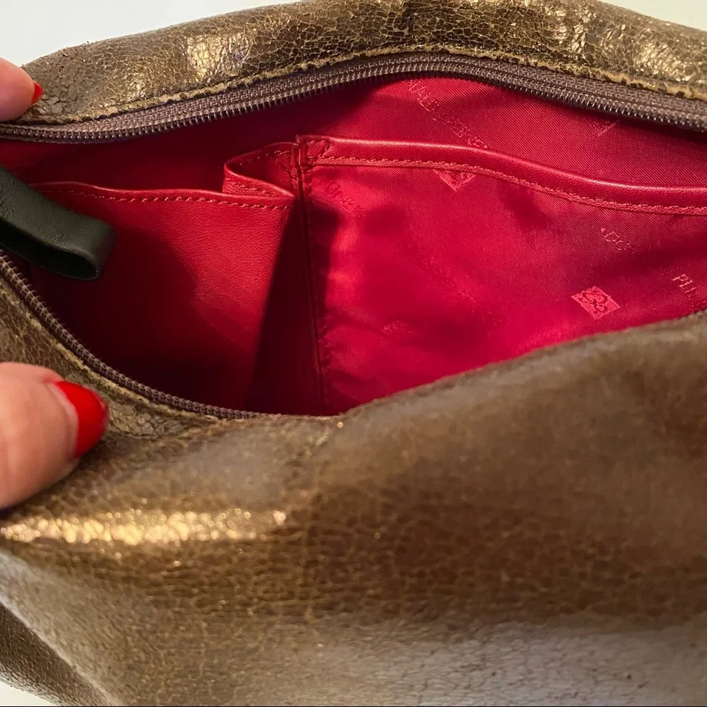 DONALD J. PLINER BAG SHOULDER BRONZE GOLD TEXTURED DARK BROWN LEATHER ZIP TOP